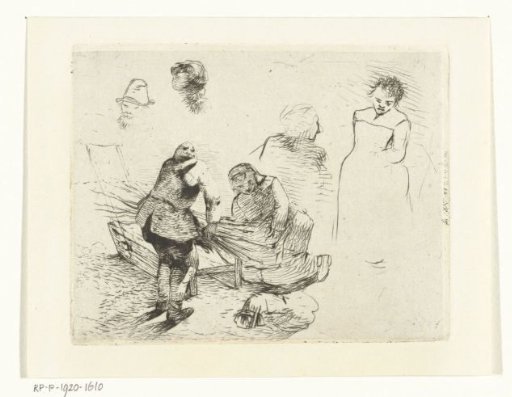 Study sheet with a man with a bundle of sticks and a kneeling woman by a sled