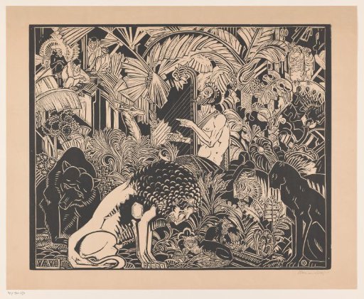 Orpheus playing his harp for the animals