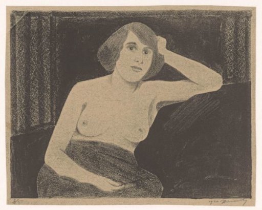 Female nude, seated on a bench, hand against the head