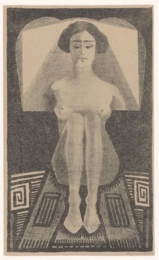 Seen frontally, seated nude in a geometric environment