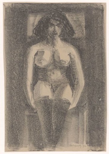 Seated female nude, wearing stockings
