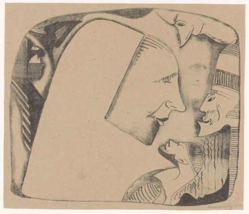 Fantasy: various profiles, in the center a large head with a 'blank' hood, turned to the right