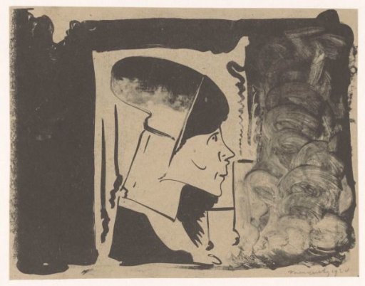 Fantasy: profile head to the right in a white rectangle, surrounded by black (bottom right the black is washed)