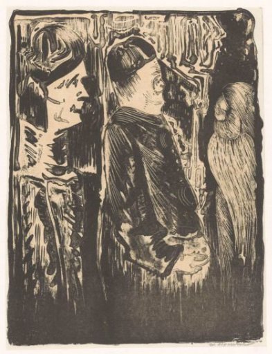 Fantasy: on the left two figures with caps facing right, on the right an etched figure with a feathered costume