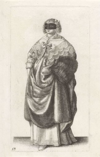 English woman of standing with a mask for the face