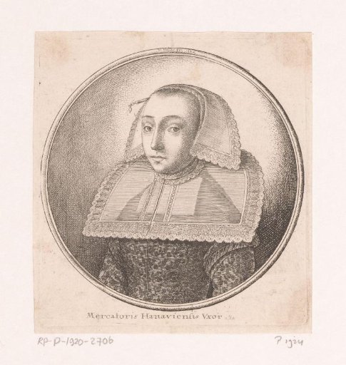 Woman with large stiff collar, coif and hairpin