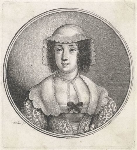 Woman with a lace cap and a bow at the neckline