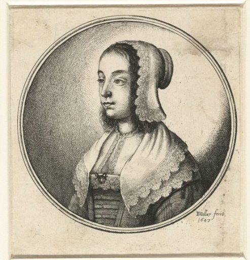 Woman with a lace cap and matching collar, to the left