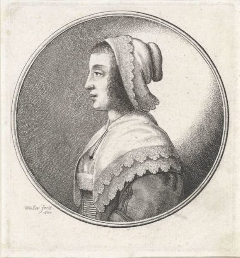 Woman with a lace cap and matching collar, to the left