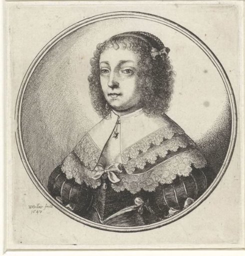 Woman with Large Lace Collar and Curly Hair