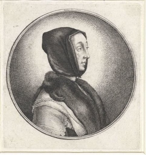 Woman with a black headscarf and fur stole