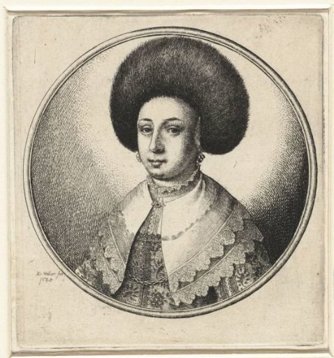 Woman with a lace collar, earrings and fur cap