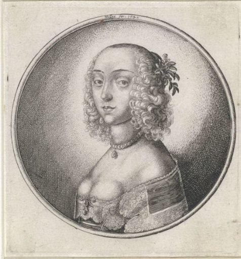 Woman with Low Neckline, Pearl Necklace and Flower in Her Hair