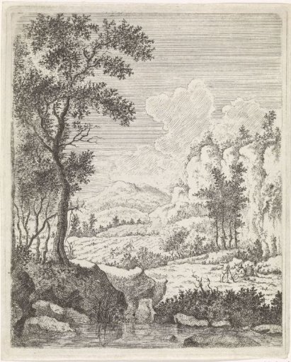 Mountain landscape with two resting peasants by a stream