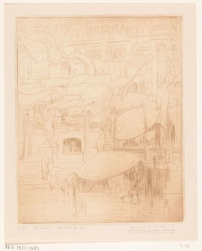 Bathing and Praying Men and Women on the Bank of the Ganges in Benares