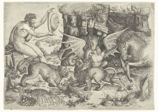 Allegory with Fight between Animals and Dragon near a Seated Man with Shield