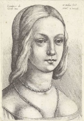 Head of a woman with her hair parted in the middle
