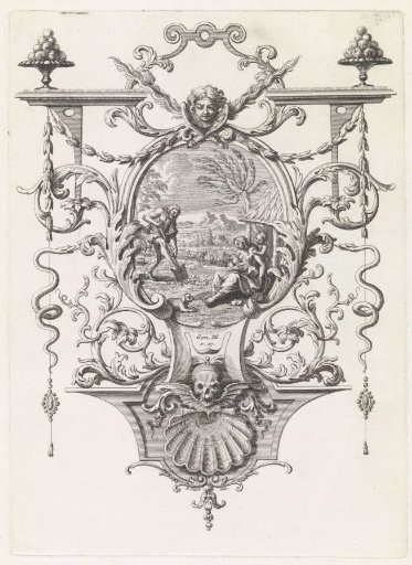 Adam tilling the earth and Eve caring for the children