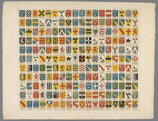 Coat of arms map with the coats of arms and names of the Forty Men of the city of Leiden