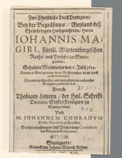 Title page for: Johannis Magiri, Fürstl. Würtembergischen (...), 1614