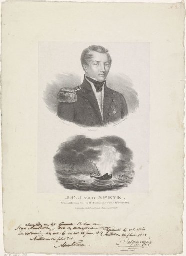 Portrait of Jan van Speyk and the explosion of his ship