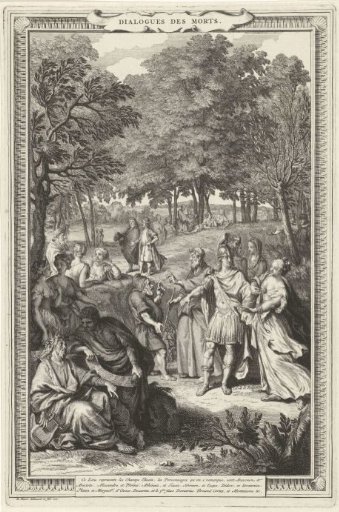 A number of deceased philosophers and writers discussing with each other