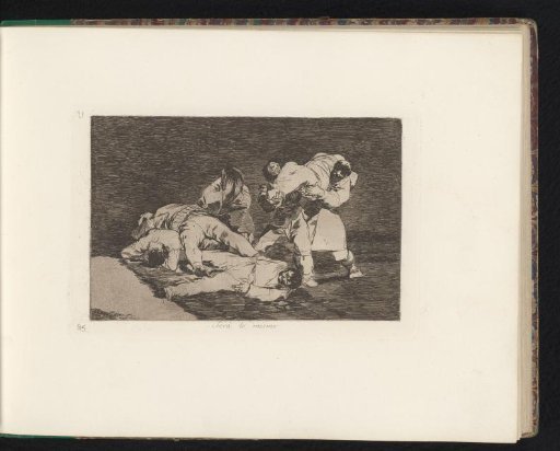 Two Men Carry a Corpse to a Pile of Corpses Beside Which a Weeping Person Sits