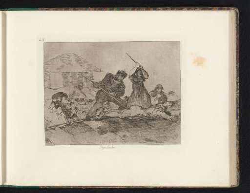 Two figures with sticks beating on the body of a person bound to the ground