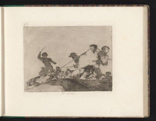 Person bound by the legs being dragged across a battlefield