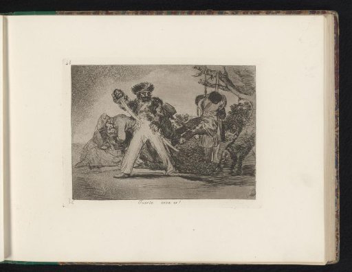 Soldier drawing his sabre near a hanged man