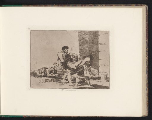 Two men carrying the body of a fallen man