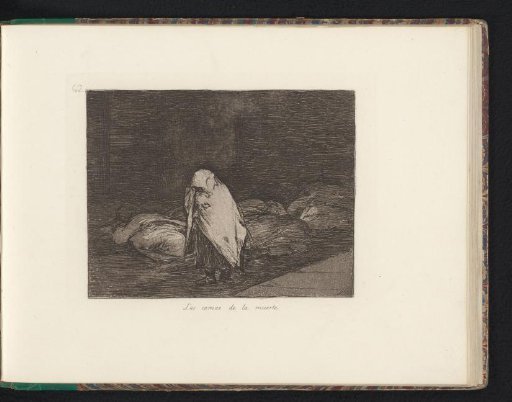 Woman wrapped in a cloak in a dark room with filled corpse sacks