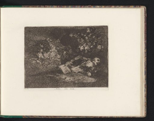 Decomposing corpse with a placard bearing the word 'Nada'