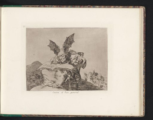 Monstrous figure with claws and bat wings as ears writing in a book