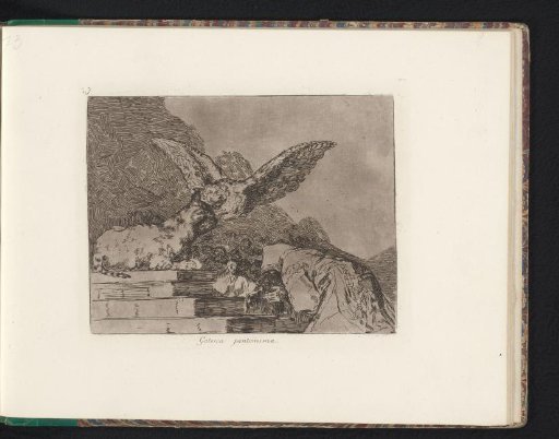 Man kneeling before a cat sitting like a sphinx while an owl flies in