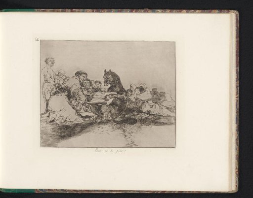 Wolf surrounded by kneeling figures writing on a scroll