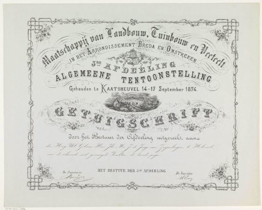 Diploma of the Society of Agriculture, Horticulture and Floriculture for the most beautiful unrequested fruits of J. de Jonge van Zwijnsbergen