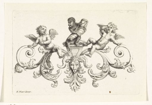 Ape with a swaddled child flanked by putti