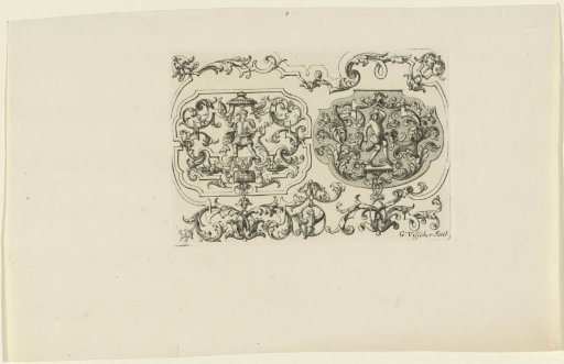 Man with glass and jug in his hands and a dancing man in an ornamental frame