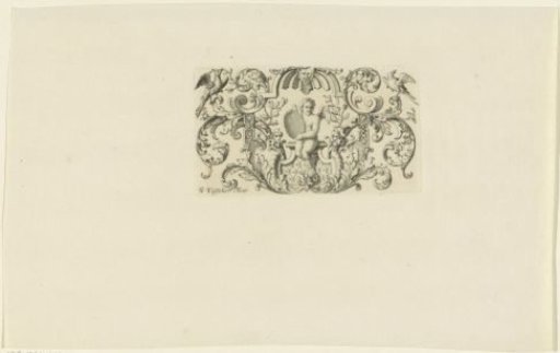 Putto with a round shield in his hands amidst leafy scrolls
