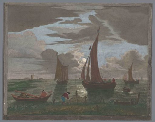 View of a Coast with Ships and Boats on the Water by Moonlight