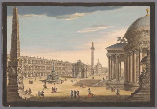 View of an Obelisk, a Triumphal Arch, a Column, and Other Buildings in Rome