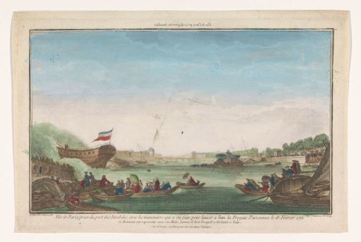 View of the Port des Invalides in Paris with the launching of the Paris frigate on February 18, 1761