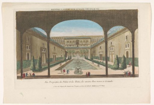View of a courtyard with fountains of the Alhambra at Granada