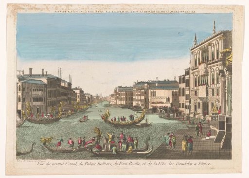 View of the Grand Canal with gondolas, the Palazzo Balbori and the Rialto Bridge in Venice