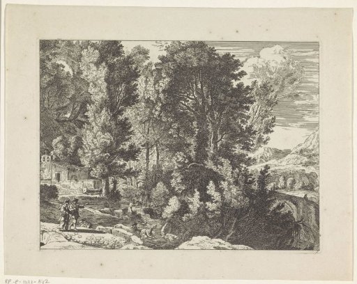 Pedestrians in a landscape with forest and mountains