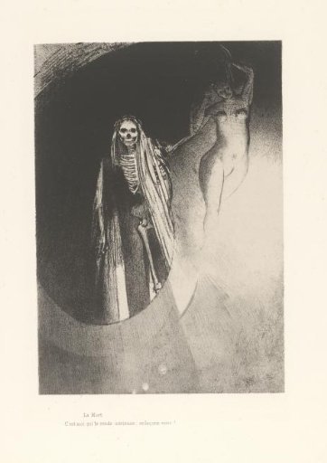 Skeleton beside a nude female figure