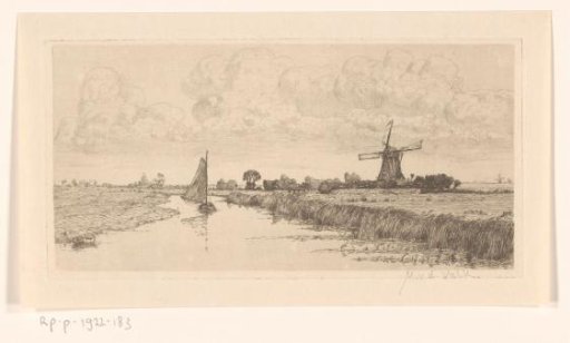 Polder landscape with sailing boat and mill