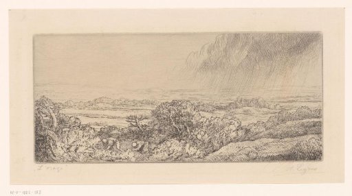 Landscape with rain clouds and two bending figures