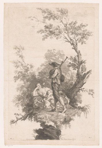 Shepherd playing bagpipes for a young woman